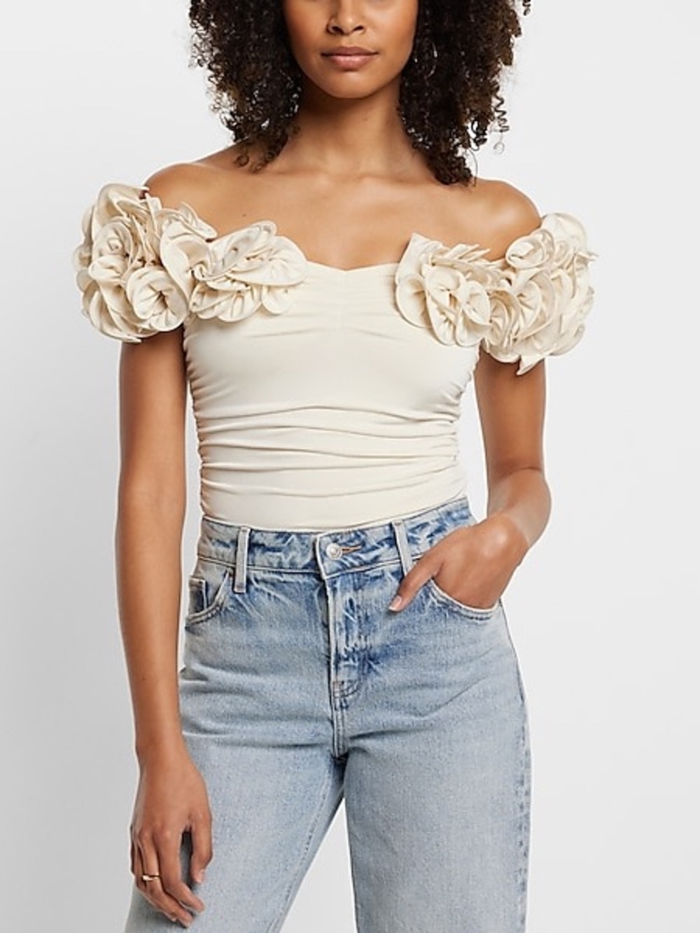Express Body Contour Off Shoulder Rosette Top Ivory XL NWT